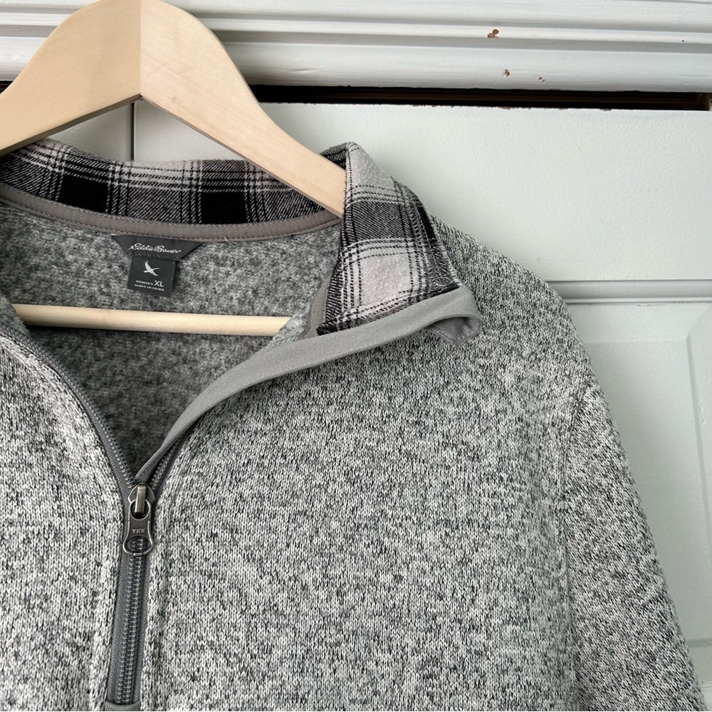Eddie Bauer Gray Zip-Up Sweatshirt with Plaid Collar